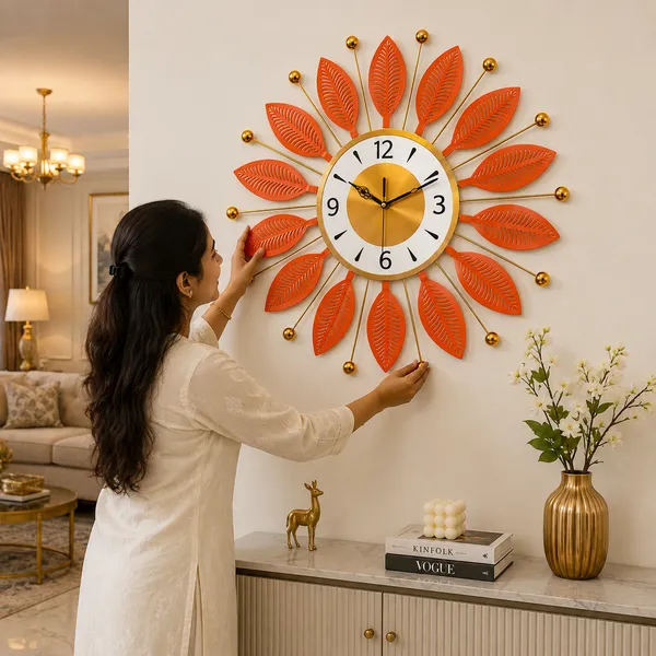 Decorative_Orange_Metal_Wall_Clock,_Silent_Non-Ticking_Sunburst_Wall_Art_Clock_with_Gold_Accents_&_Leaf_Motifs_for_Home,_Office,_Living_Room_Decor