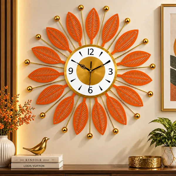 Decorative_Orange_Metal_Wall_Clock,_Silent_Non-Ticking_Sunburst_Wall_Art_Clock_with_Gold_Accents_&_Leaf_Motifs_for_Home,_Office,_Living_Room_Decor