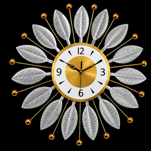 Decorative_Silver_Metal_Wall_Clock,_Silent_Non-Ticking_Sunburst_Wall_Art_Clock_with_Gold_Accents_&_Textured_Leaves_for_Home,_Office,_Living_Room_Decor