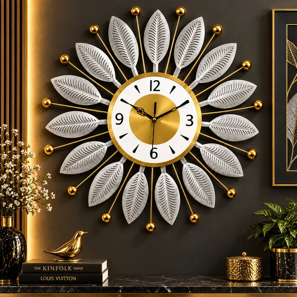 Decorative_Silver_Metal_Wall_Clock,_Silent_Non-Ticking_Sunburst_Wall_Art_Clock_with_Gold_Accents_&_Textured_Leaves_for_Home,_Office,_Living_Room_Decor