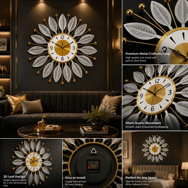 Decorative_Silver_Metal_Wall_Clock,_Silent_Non-Ticking_Sunburst_Wall_Art_Clock_with_Gold_Accents_&_Textured_Leaves_for_Home,_Office,_Living_Room_Decor