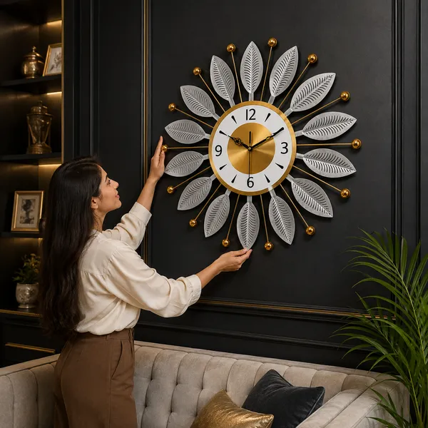 Decorative_Silver_Metal_Wall_Clock,_Silent_Non-Ticking_Sunburst_Wall_Art_Clock_with_Gold_Accents_&_Textured_Leaves_for_Home,_Office,_Living_Room_Decor