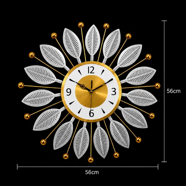 Decorative_Silver_Metal_Wall_Clock,_Silent_Non-Ticking_Sunburst_Wall_Art_Clock_with_Gold_Accents_&_Textured_Leaves_for_Home,_Office,_Living_Room_Decor