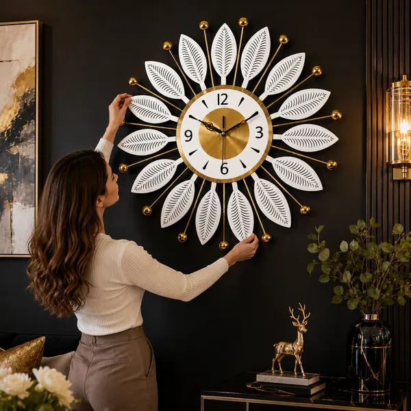 Decorative_White_Metal_Wall_Clock,_Silent_Non-Ticking_Sunburst_Wall_Art_Clock_with_Gold_Accents_&_Leaf_Motifs_for_Home,_Office,_Living_Room_Decor