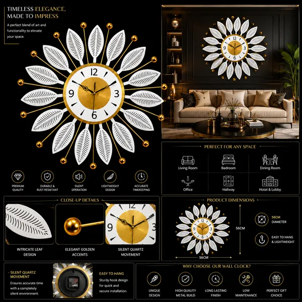 Decorative_White_Metal_Wall_Clock,_Silent_Non-Ticking_Sunburst_Wall_Art_Clock_with_Gold_Accents_&_Leaf_Motifs_for_Home,_Office,_Living_Room_Decor