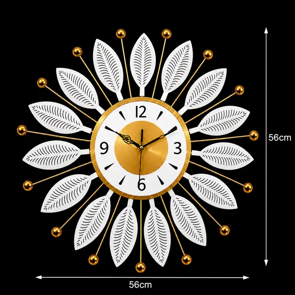 Decorative_White_Metal_Wall_Clock,_Silent_Non-Ticking_Sunburst_Wall_Art_Clock_with_Gold_Accents_&_Leaf_Motifs_for_Home,_Office,_Living_Room_Decor