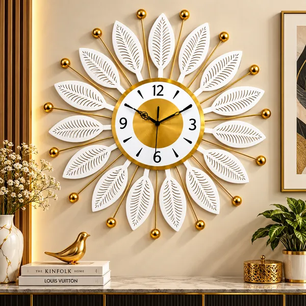 Decorative_White_Metal_Wall_Clock,_Silent_Non-Ticking_Sunburst_Wall_Art_Clock_with_Gold_Accents_&_Leaf_Motifs_for_Home,_Office,_Living_Room_Decor