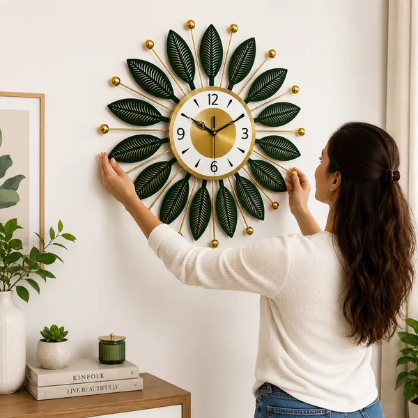 Emerald_Green_Metal_Wall_Clock,_Silent_Non-Ticking_Sunburst_Wall_Art_Clock_with_Gold_Accents_&_Leaf_Motifs_for_Home,_Office,_Living_Room_Decor