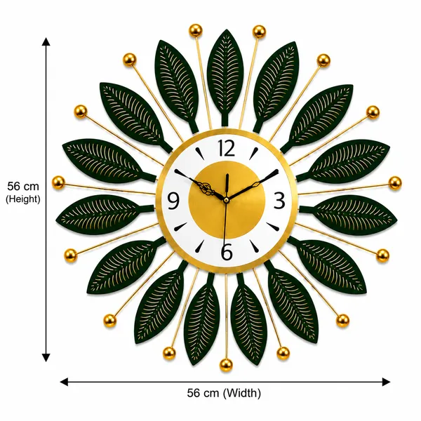 Emerald_Green_Metal_Wall_Clock,_Silent_Non-Ticking_Sunburst_Wall_Art_Clock_with_Gold_Accents_&_Leaf_Motifs_for_Home,_Office,_Living_Room_Decor