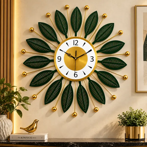 Emerald_Green_Metal_Wall_Clock,_Silent_Non-Ticking_Sunburst_Wall_Art_Clock_with_Gold_Accents_&_Leaf_Motifs_for_Home,_Office,_Living_Room_Decor