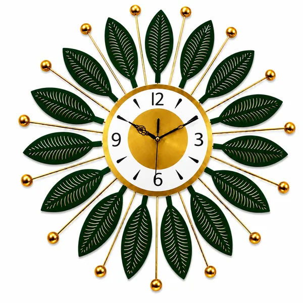 Emerald_Green_Metal_Wall_Clock,_Silent_Non-Ticking_Sunburst_Wall_Art_Clock_with_Gold_Accents_&_Leaf_Motifs_for_Home,_Office,_Living_Room_Decor