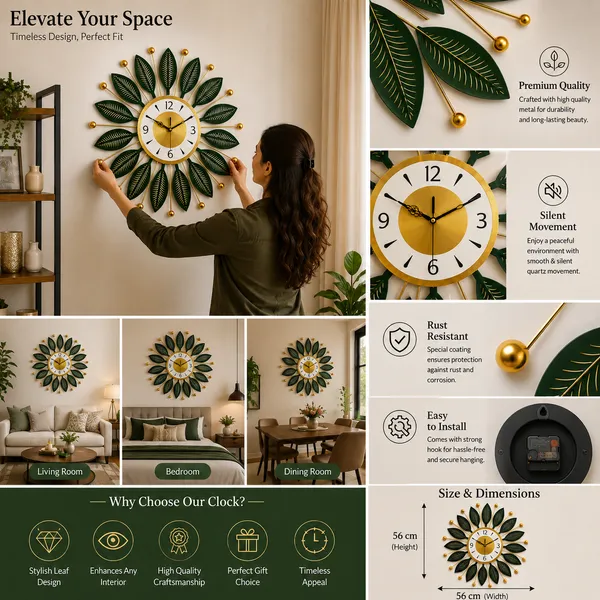 Emerald_Green_Metal_Wall_Clock,_Silent_Non-Ticking_Sunburst_Wall_Art_Clock_with_Gold_Accents_&_Leaf_Motifs_for_Home,_Office,_Living_Room_Decor