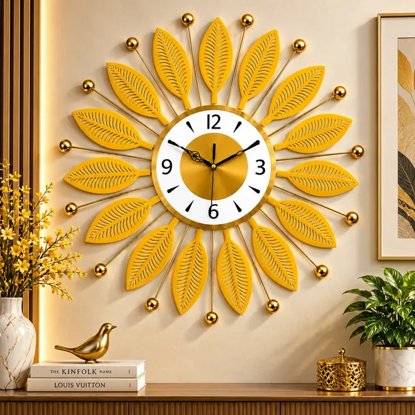 Luxury_Gold_Metal_Wall_Clock,_Silent_Non-Ticking_Sunburst_Wall_Art_Clock_with_Metallic_Gold_Accents_&_Leaf_Motifs_for_Home,_Office,_Living_Room_Decor
