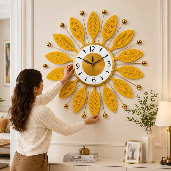 Luxury_Gold_Metal_Wall_Clock,_Silent_Non-Ticking_Sunburst_Wall_Art_Clock_with_Metallic_Gold_Accents_&_Leaf_Motifs_for_Home,_Office,_Living_Room_Decor