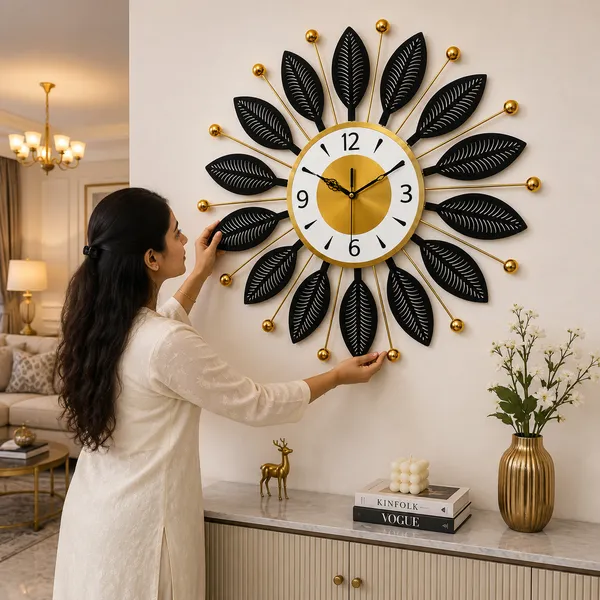 Modern_Black_&_Gold_Leaf_Design_Metal_Wall_Clock_for_Living_Room,_Bedroom_&_Home_Décor