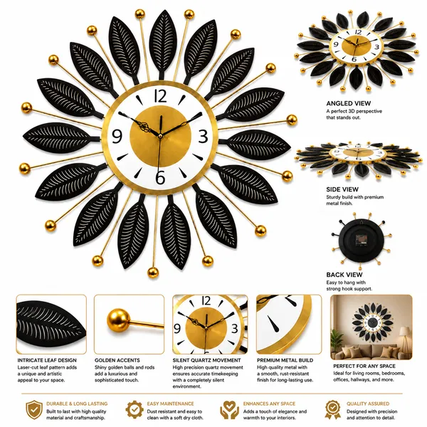 Modern_Black_&_Gold_Leaf_Design_Metal_Wall_Clock_for_Living_Room,_Bedroom_&_Home_Décor