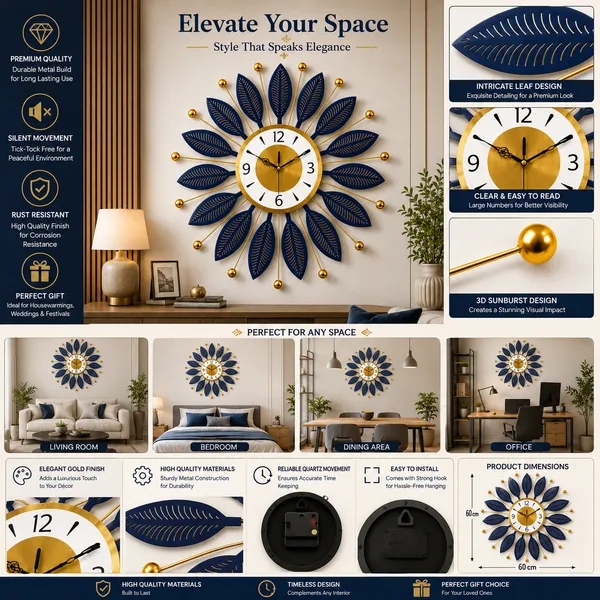 Royal_Blue_&_Gold_Leaf_Design_Metal_Wall_Clock_|_Modern_Decorative_Sunburst_Clock_for_Living_Room,_Bedroom_&_Office