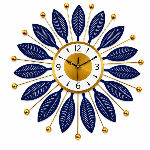 Royal_Blue_&_Gold_Leaf_Design_Metal_Wall_Clock_|_Modern_Decorative_Sunburst_Clock_for_Living_Room,_Bedroom_&_Office