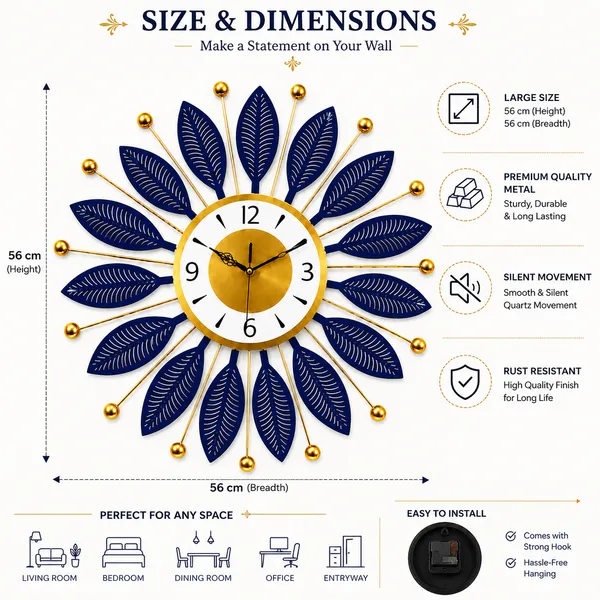 Royal_Blue_&_Gold_Leaf_Design_Metal_Wall_Clock_|_Modern_Decorative_Sunburst_Clock_for_Living_Room,_Bedroom_&_Office
