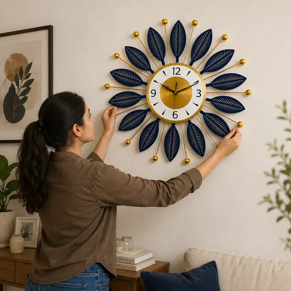 Royal_Blue_&_Gold_Leaf_Design_Metal_Wall_Clock_|_Modern_Decorative_Sunburst_Clock_for_Living_Room,_Bedroom_&_Office