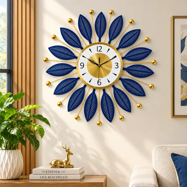 Royal_Blue_&_Gold_Leaf_Design_Metal_Wall_Clock_|_Modern_Decorative_Sunburst_Clock_for_Living_Room,_Bedroom_&_Office