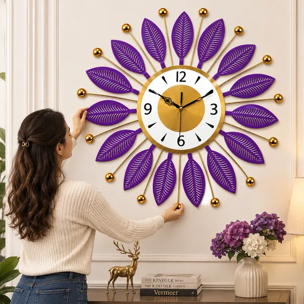 Royal_Purple_Metal_Wall_Clock,_Silent_Non-Ticking_Sunburst_Wall_Art_Clock_with_Gold_Accents_&_Leaf_Motifs_for_Home,_Office,_Living_Room_Decor