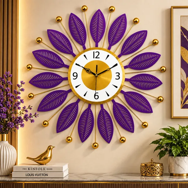 Royal_Purple_Metal_Wall_Clock,_Silent_Non-Ticking_Sunburst_Wall_Art_Clock_with_Gold_Accents_&_Leaf_Motifs_for_Home,_Office,_Living_Room_Decor