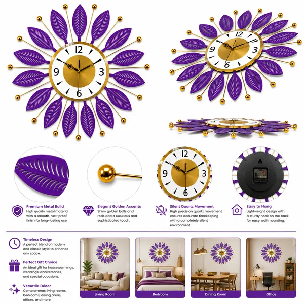 Royal_Purple_Metal_Wall_Clock,_Silent_Non-Ticking_Sunburst_Wall_Art_Clock_with_Gold_Accents_&_Leaf_Motifs_for_Home,_Office,_Living_Room_Decor