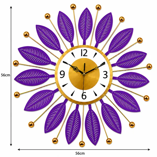 Royal_Purple_Metal_Wall_Clock,_Silent_Non-Ticking_Sunburst_Wall_Art_Clock_with_Gold_Accents_&_Leaf_Motifs_for_Home,_Office,_Living_Room_Decor