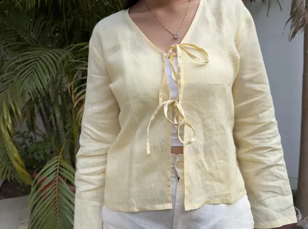 Yellow_Pure_Linen_Front_Tie-Up_Top_For_Women