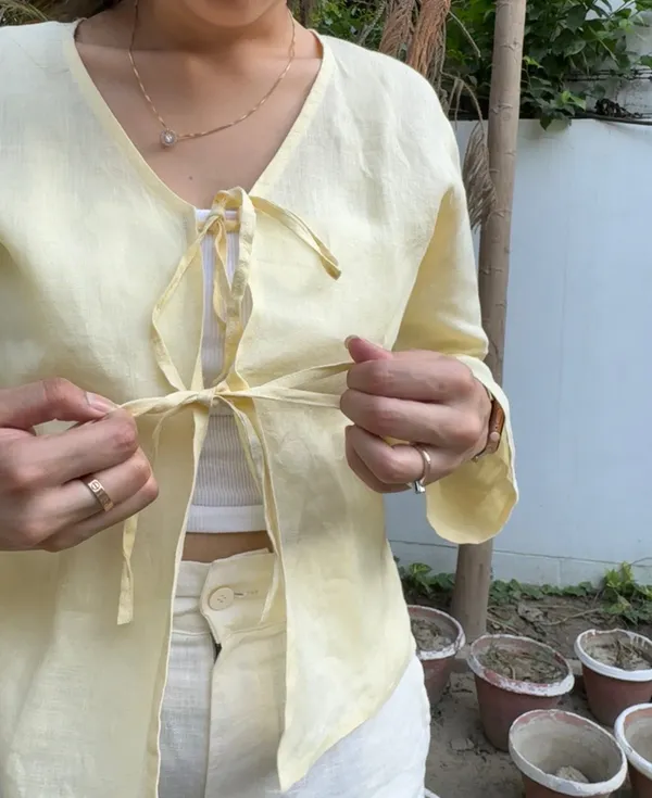 Yellow_Pure_Linen_Front_Tie-Up_Top_For_Women