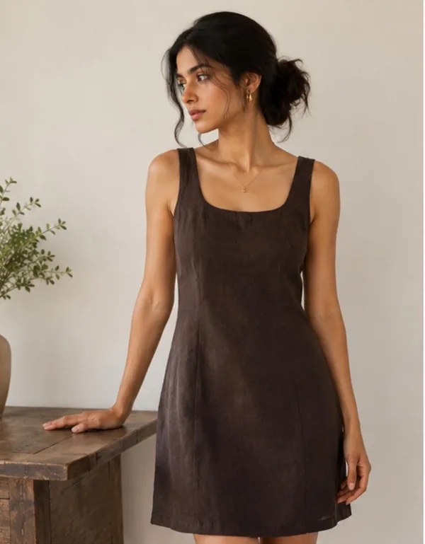 Brown_Pure_Linen_Dress_For_Women