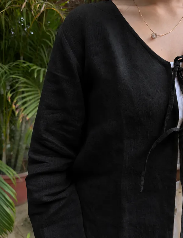 Black_Pure_Linen_Front_Tie-Up_Top_For_Women