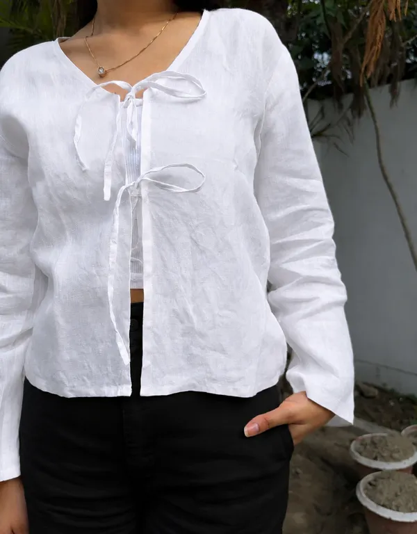 White_Pure_Linen_Front_Tie-Up_Top_For_Women