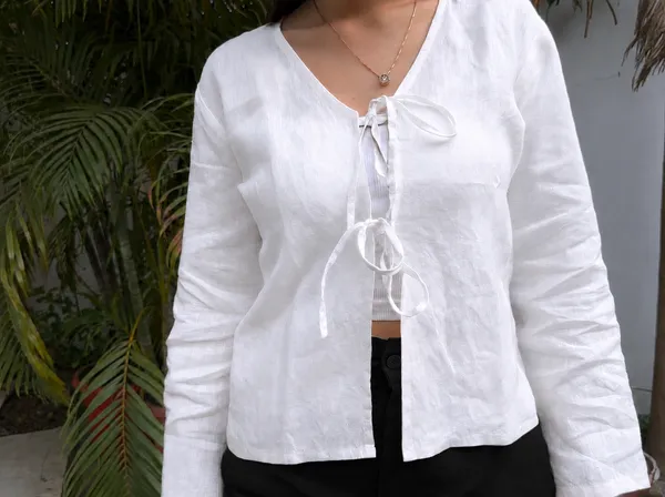 White_Pure_Linen_Front_Tie-Up_Top_For_Women