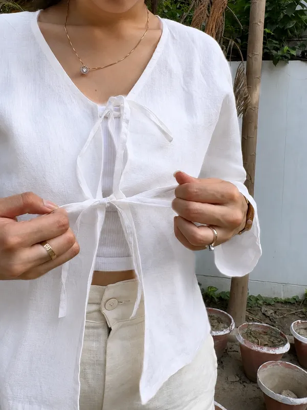 White_Pure_Linen_Front_Tie-Up_Top_For_Women