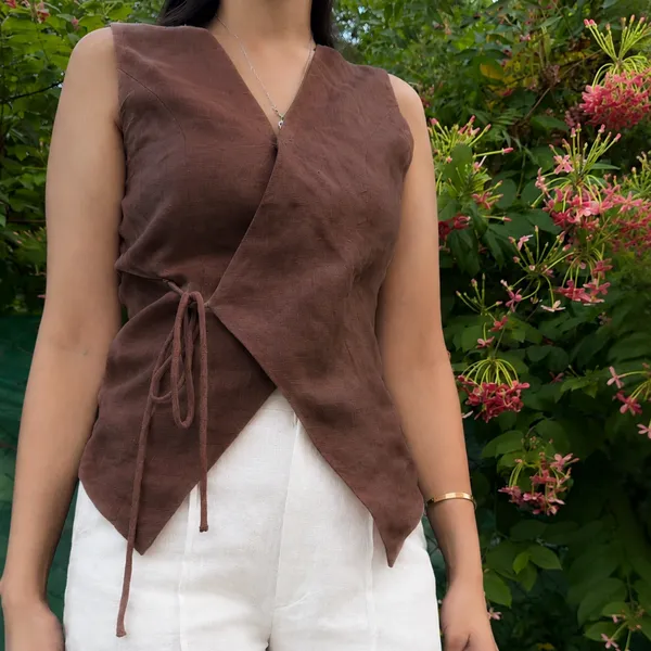 Brown_Pure_Linen_Sleeveless_Top_For_Women