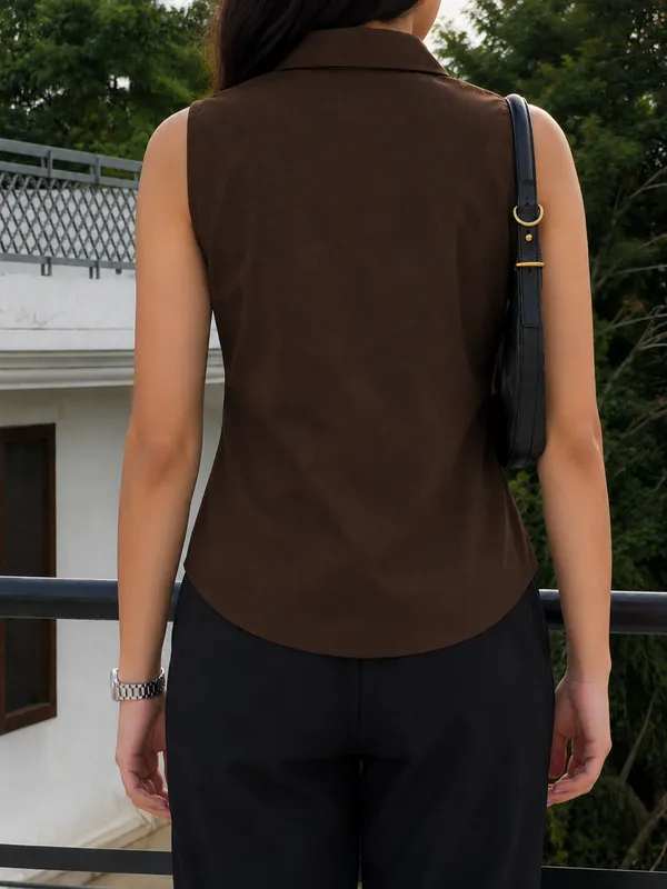 Brown_Pure_Linen_Sleeveless_Shirt_For_Women