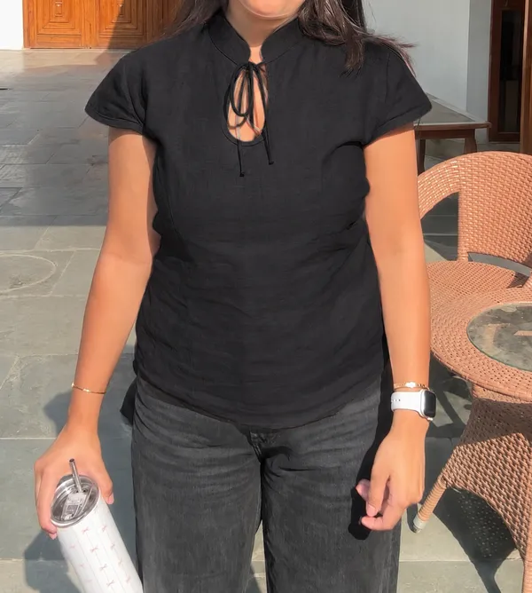 Black_Pure_Linen_Neck_Tie-Up_Top_For_Women
