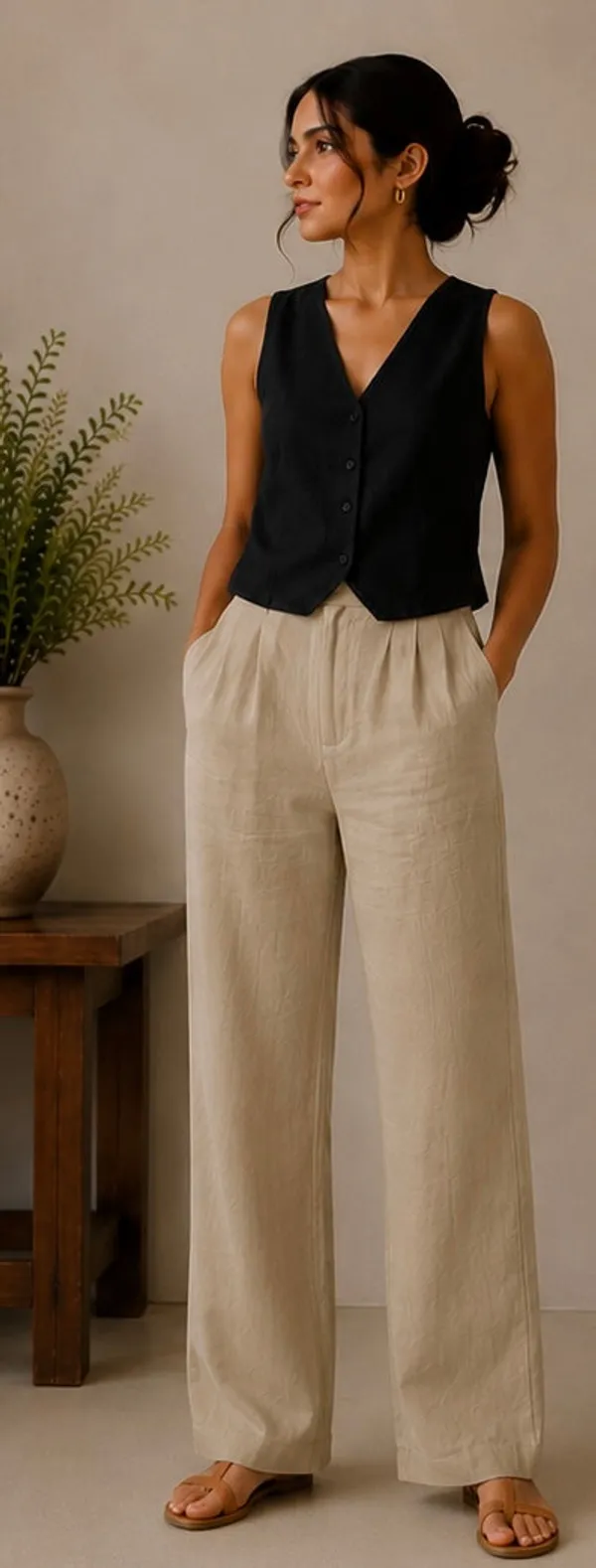 Khaki_Pure_Linen_Straight_Fit_Pants_For_Women