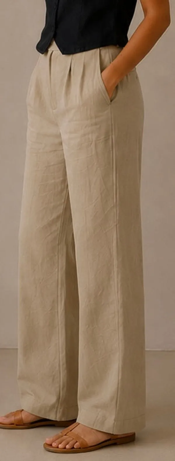 Khaki_Pure_Linen_Straight_Fit_Pants_For_Women