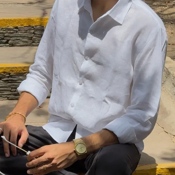 White_Pure_Linen_Collared_Shirt_For_Men
