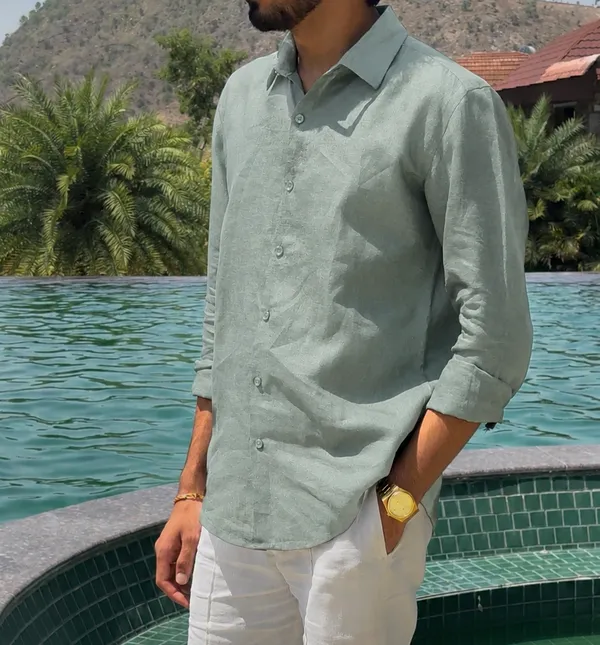 Sage_Green_Pure_Linen_Collared_Shirt_For_Men