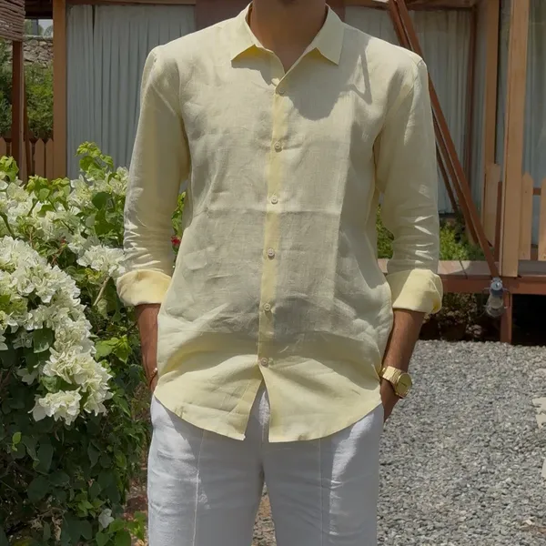 Butter_Yellow_Pure_Linen_Collared_Shirt_For_Men