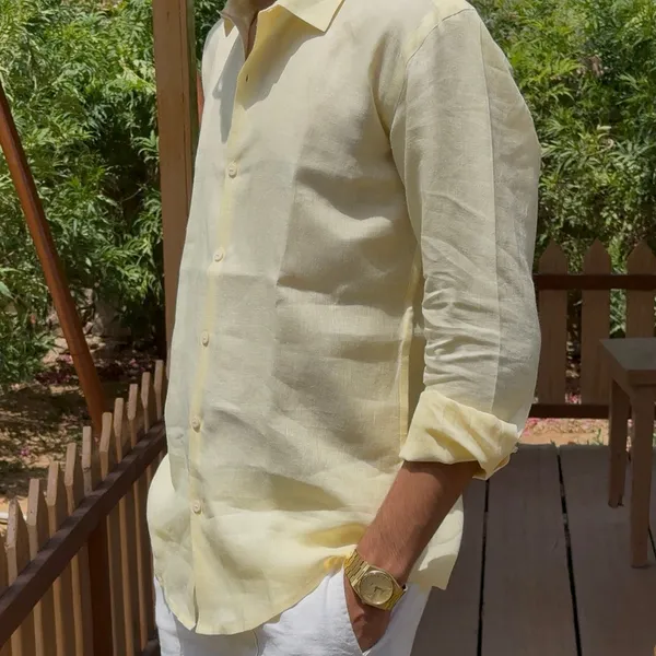 Butter_Yellow_Pure_Linen_Collared_Shirt_For_Men
