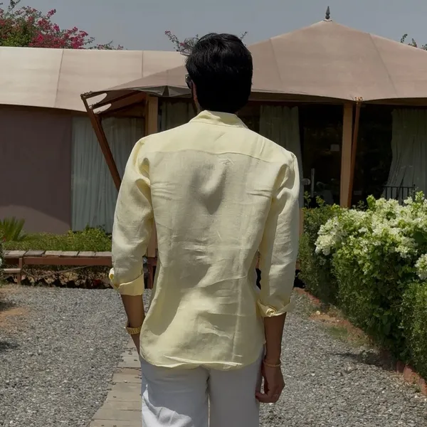 Butter_Yellow_Pure_Linen_Collared_Shirt_For_Men
