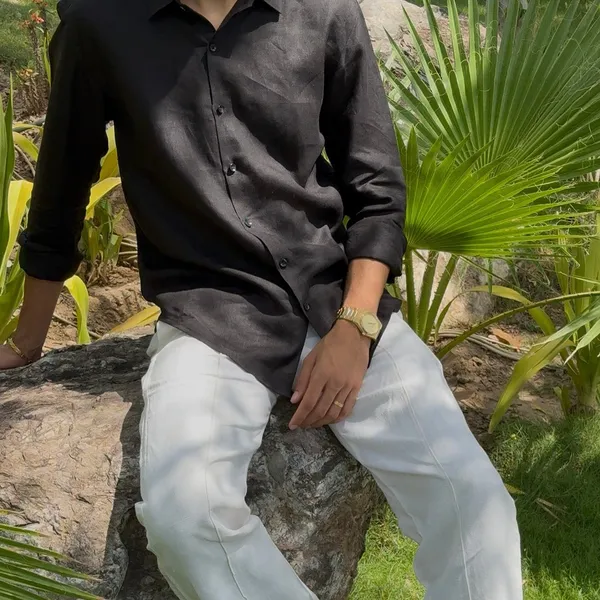 Black_Pure_Linen_Collared_Shirt_For_Men