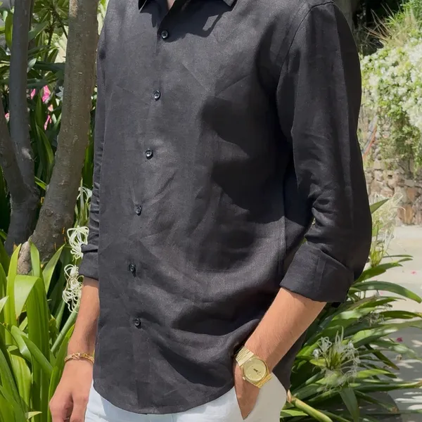 Black_Pure_Linen_Collared_Shirt_For_Men