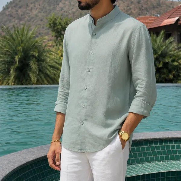 Sage_Green_Pure_Linen_Chinese_Collar_Shirt_For_Men