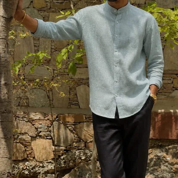 Sage_Green_Pure_Linen_Chinese_Collar_Shirt_For_Men